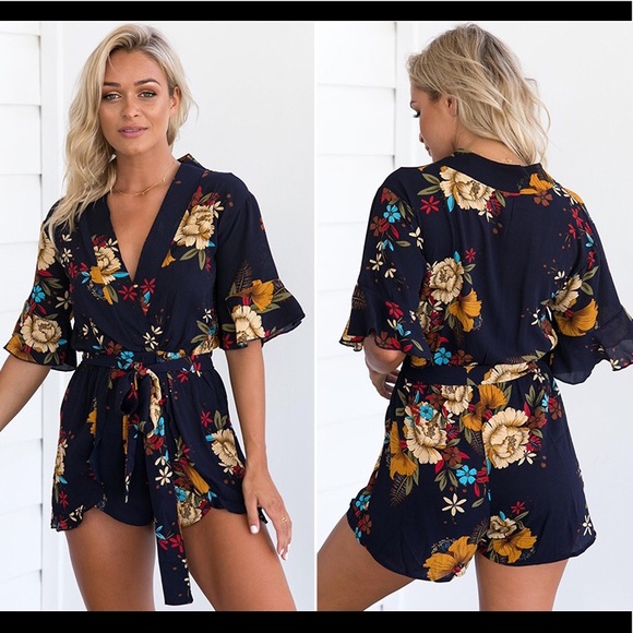 Pants - Flirty floral romper playsuit in navy